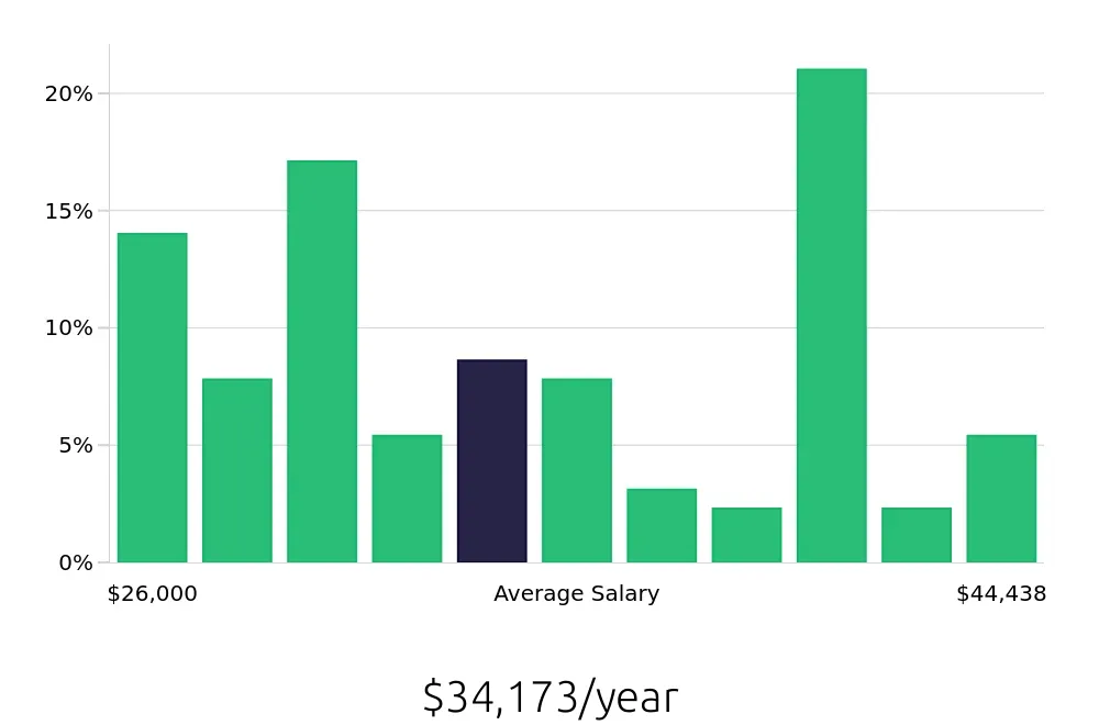 Graph depicting the yearly salary distribution for Merchandiser jobs in Asheville, NC, showing an average salary of $34,173 with varying distribution percentages across salary ranges.