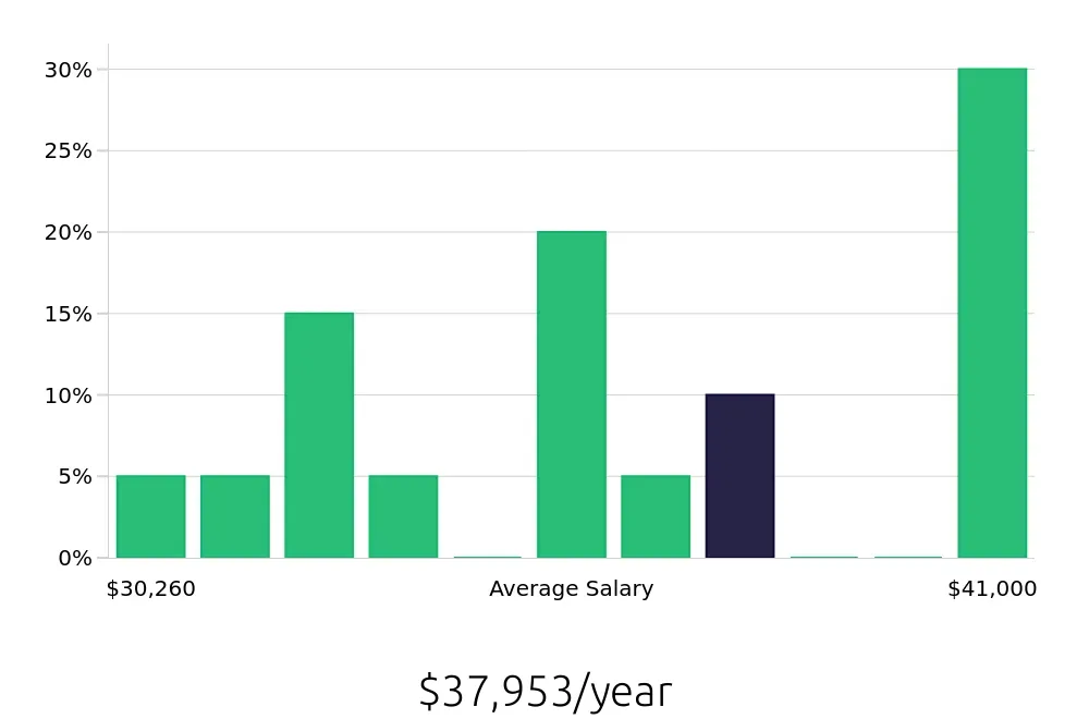Graph depicting the yearly salary distribution for Merchandiser jobs in Edison, NJ, showing an average salary of $37,953 with varying distribution percentages across salary ranges.