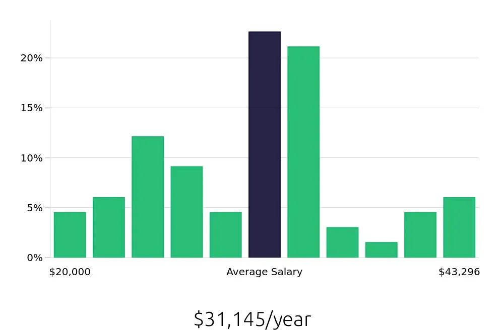 Graph depicting the yearly salary distribution for Merchandiser jobs in Florence, SC, showing an average salary of $31,145 with varying distribution percentages across salary ranges.