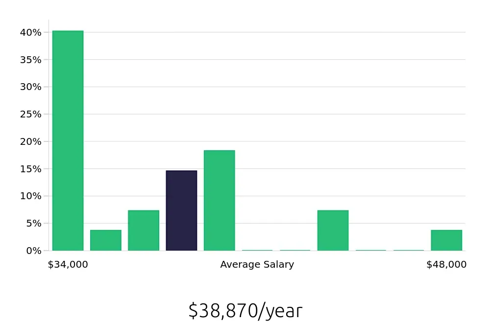 Graph depicting the yearly salary distribution for Merchandiser jobs in Framingham, MA, showing an average salary of $38,870 with varying distribution percentages across salary ranges.