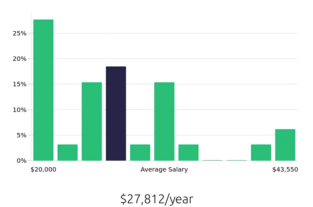 Graph depicting the yearly salary distribution for Merchandiser jobs in Griffin, GA, showing an average salary of $27,812 with varying distribution percentages across salary ranges.