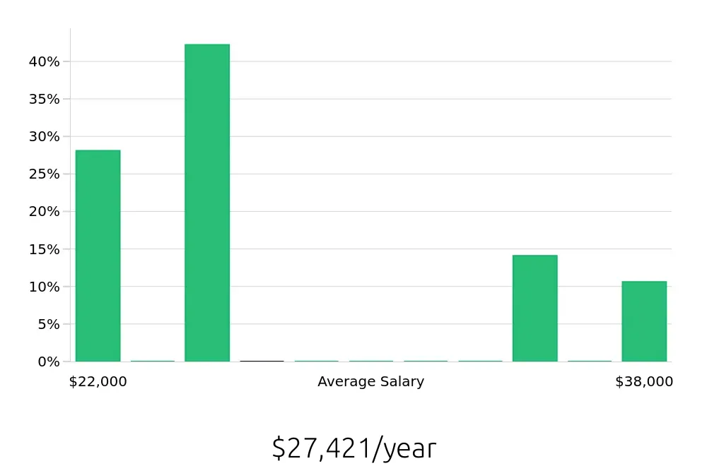 Graph depicting the yearly salary distribution for Merchandiser jobs in Hazleton, PA, showing an average salary of $27,421 with varying distribution percentages across salary ranges.