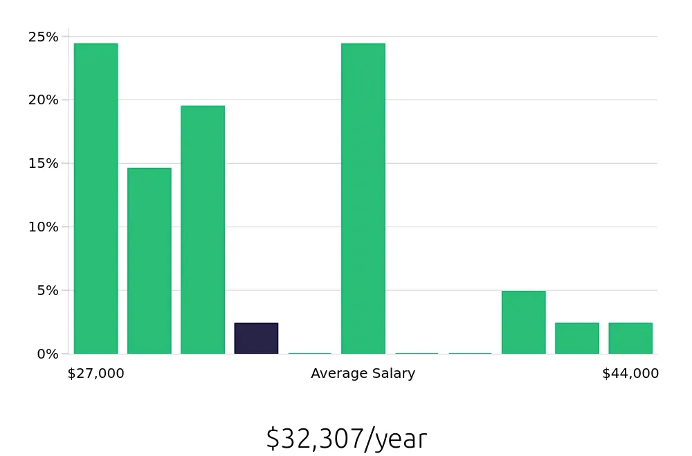 Graph depicting the yearly salary distribution for Merchandiser jobs in Henderson, NV, showing an average salary of $32,307 with varying distribution percentages across salary ranges.