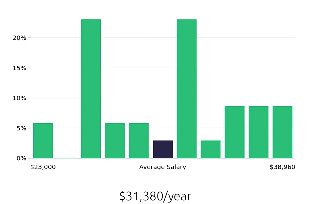 Graph depicting the yearly salary distribution for Merchandiser jobs in Marysville, OH, showing an average salary of $31,380 with varying distribution percentages across salary ranges.