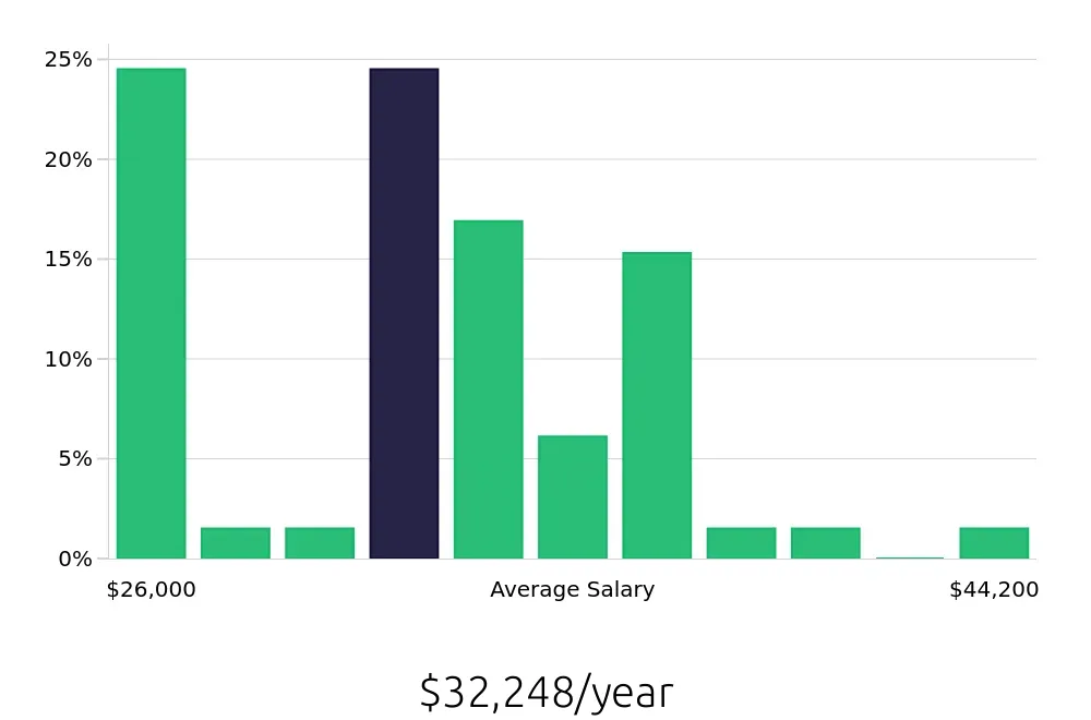 Graph depicting the yearly salary distribution for Merchandiser jobs in McKinney, TX, showing an average salary of $32,248 with varying distribution percentages across salary ranges.