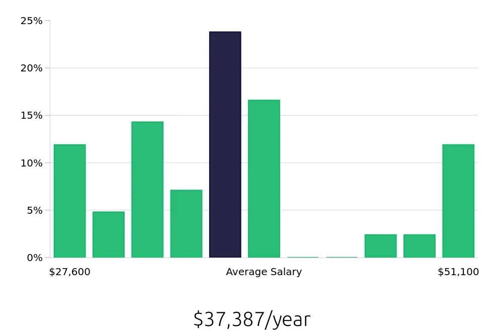 Graph depicting the yearly salary distribution for Merchandiser jobs in Mount Pleasant, SC, showing an average salary of $37,387 with varying distribution percentages across salary ranges.