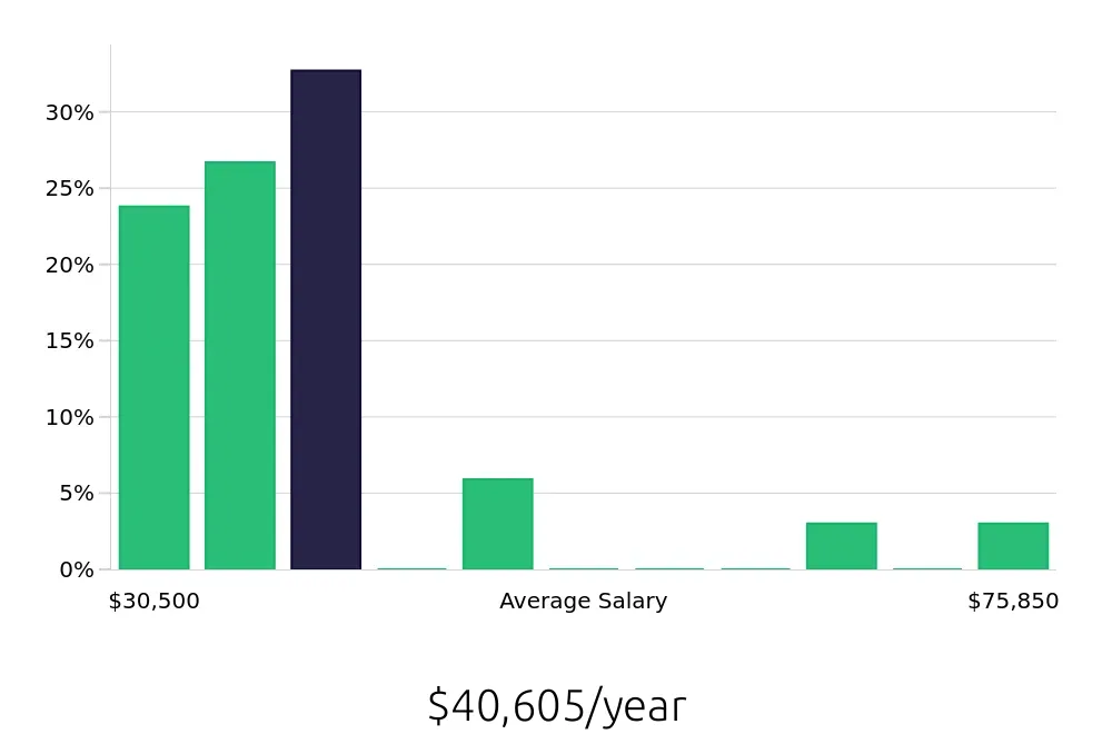 Graph depicting the yearly salary distribution for Merchandiser jobs in Newark, NJ, showing an average salary of $40,605 with varying distribution percentages across salary ranges.