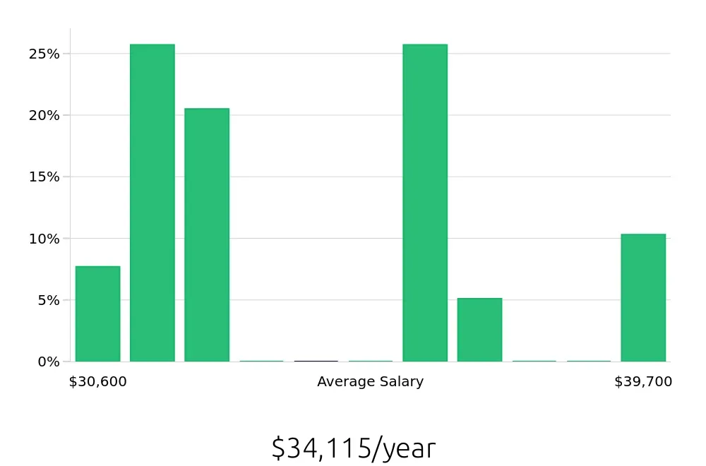 Graph depicting the yearly salary distribution for Merchandiser jobs in Oneonta, NY, showing an average salary of $34,115 with varying distribution percentages across salary ranges.