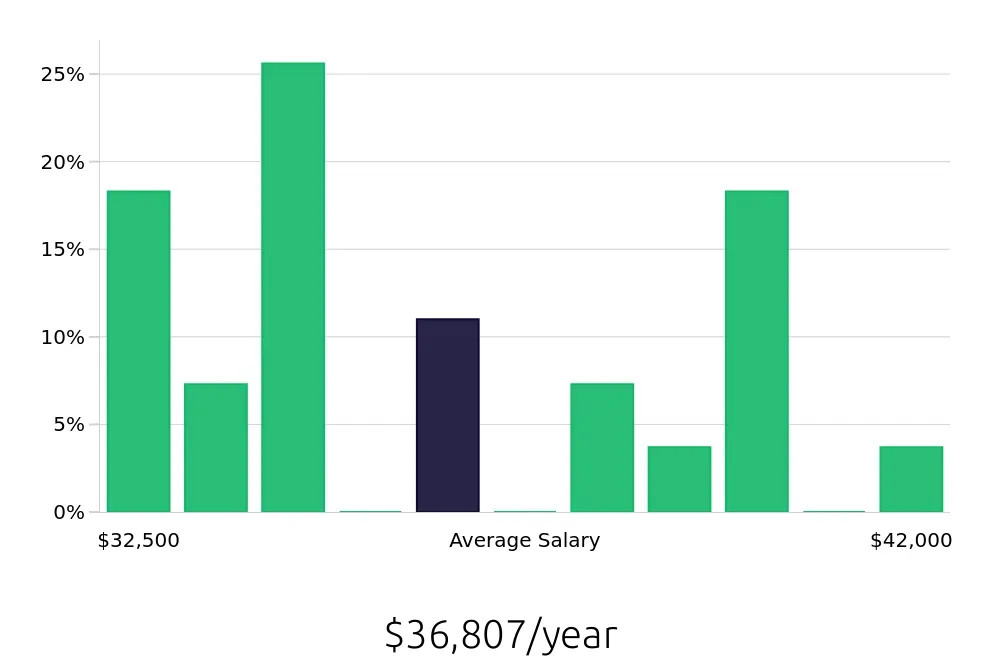 Graph depicting the yearly salary distribution for Merchandiser jobs in Pittsfield, MA, showing an average salary of $36,807 with varying distribution percentages across salary ranges.