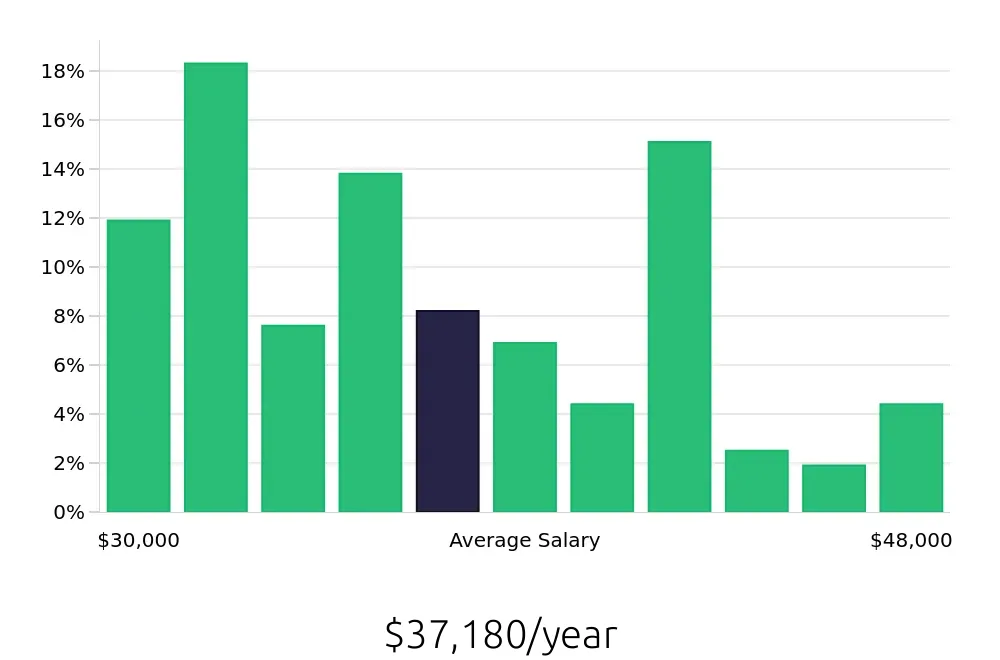 Graph depicting the yearly salary distribution for Merchandiser jobs in Rochester, NY, showing an average salary of $37,180 with varying distribution percentages across salary ranges.