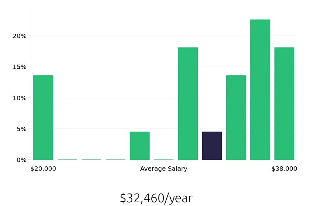 Graph depicting the yearly salary distribution for Merchandiser jobs in San Marcos, TX, showing an average salary of $32,460 with varying distribution percentages across salary ranges.
