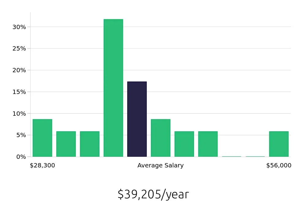 Graph depicting the yearly salary distribution for Merchandiser jobs in Steamboat Springs, CO, showing an average salary of $39,205 with varying distribution percentages across salary ranges.