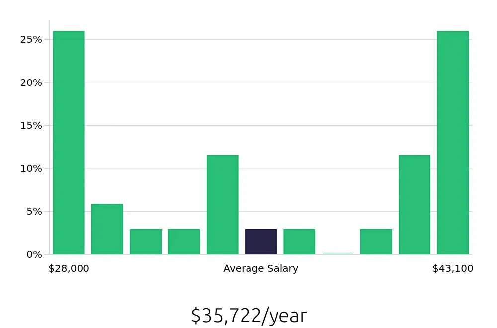Graph depicting the yearly salary distribution for Merchandiser jobs in Watertown, WI, showing an average salary of $35,722 with varying distribution percentages across salary ranges.