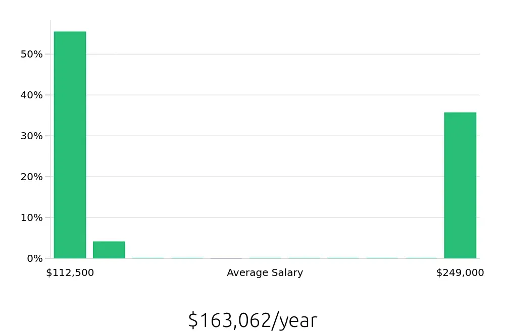 Graph depicting the yearly salary distribution for Nurse Practitioner jobs in Brookfield, WI, showing an average salary of $163,062 with varying distribution percentages across salary ranges.