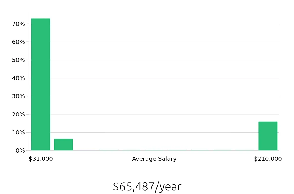 Graph depicting the yearly salary distribution for Package Handler jobs in Buffalo, NY, showing an average salary of $65,487 with varying distribution percentages across salary ranges.