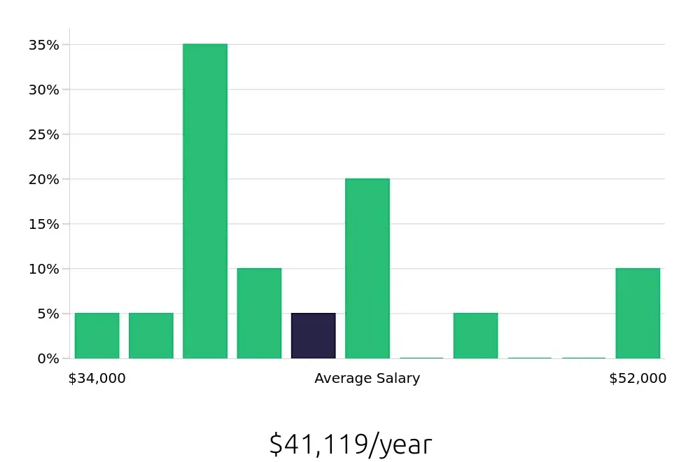 Graph depicting the yearly salary distribution for Package Handler jobs in Hickory, NC, showing an average salary of $41,119 with varying distribution percentages across salary ranges.
