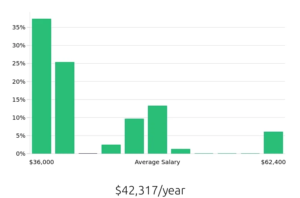 Graph depicting the yearly salary distribution for Package Handler jobs in York, PA, showing an average salary of $42,317 with varying distribution percentages across salary ranges.