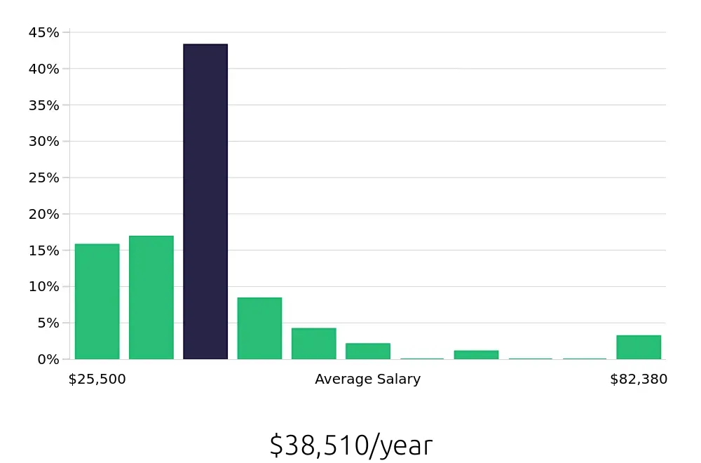 Graph depicting the yearly salary distribution for Packer jobs in Baltimore, MD, showing an average salary of $38,510 with varying distribution percentages across salary ranges.