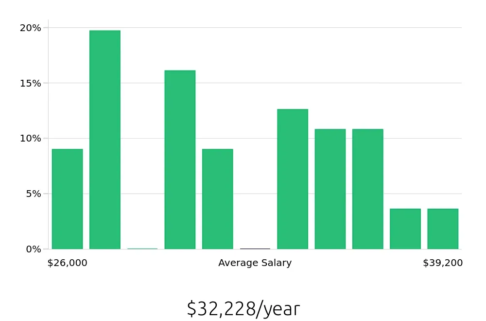 Graph depicting the yearly salary distribution for Packer jobs in Chattanooga, TN, showing an average salary of $32,228 with varying distribution percentages across salary ranges.