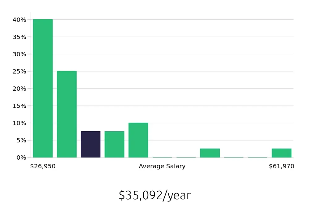 Graph depicting the yearly salary distribution for Packer jobs in Greenville, SC, showing an average salary of $35,092 with varying distribution percentages across salary ranges.