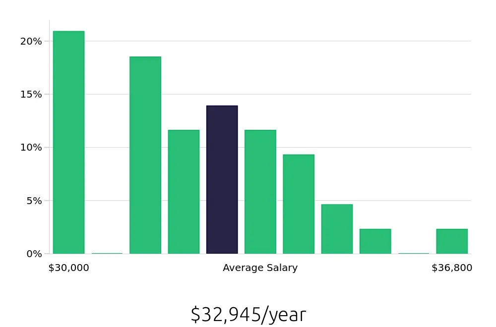 Graph depicting the yearly salary distribution for Packer jobs in Henderson, NV, showing an average salary of $32,945 with varying distribution percentages across salary ranges.