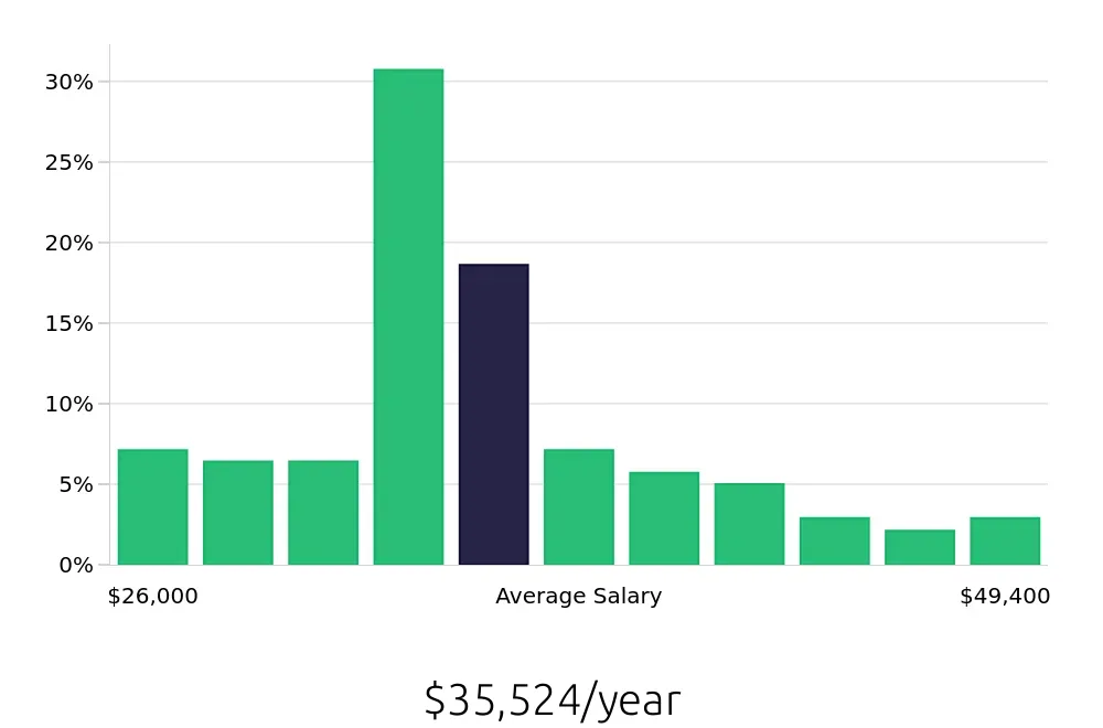 Graph depicting the yearly salary distribution for Packer jobs in Indianapolis, IN, showing an average salary of $35,524 with varying distribution percentages across salary ranges.