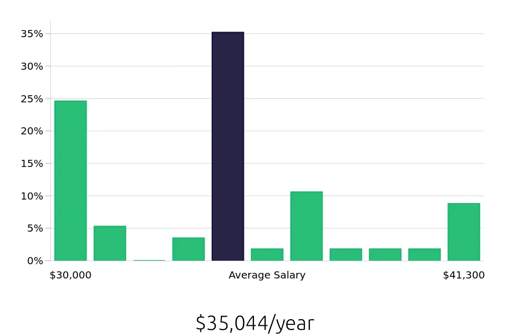 Graph depicting the yearly salary distribution for Packer jobs in Lincoln, NE, showing an average salary of $35,044 with varying distribution percentages across salary ranges.