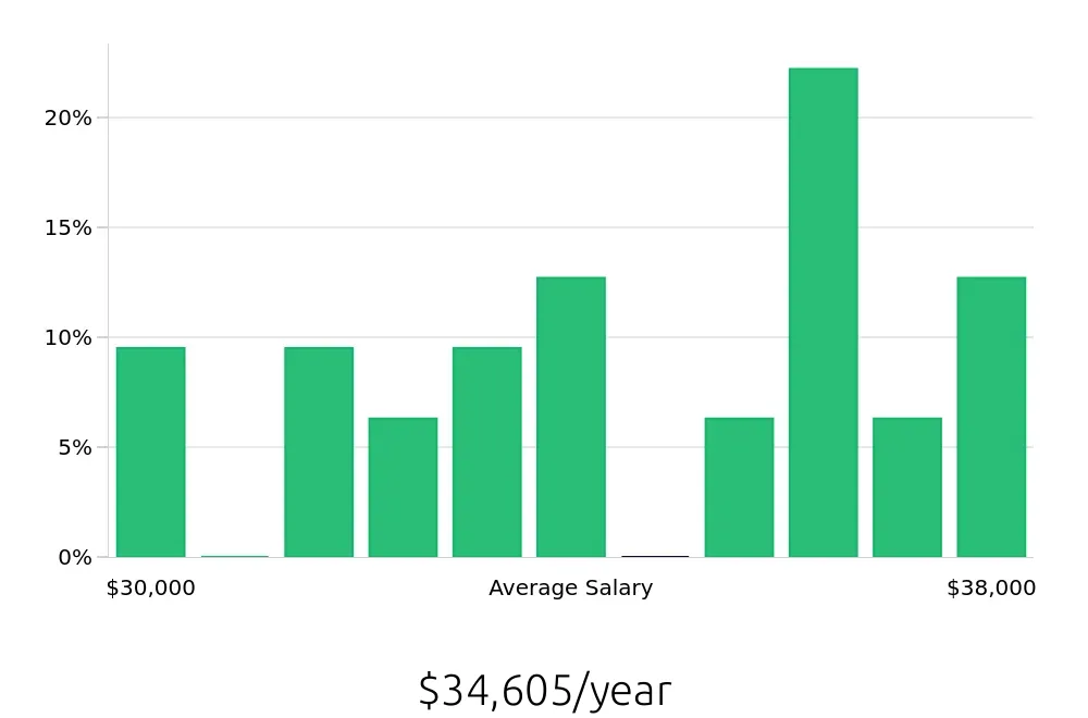 Graph depicting the yearly salary distribution for Packer jobs in Mentor, OH, showing an average salary of $34,605 with varying distribution percentages across salary ranges.