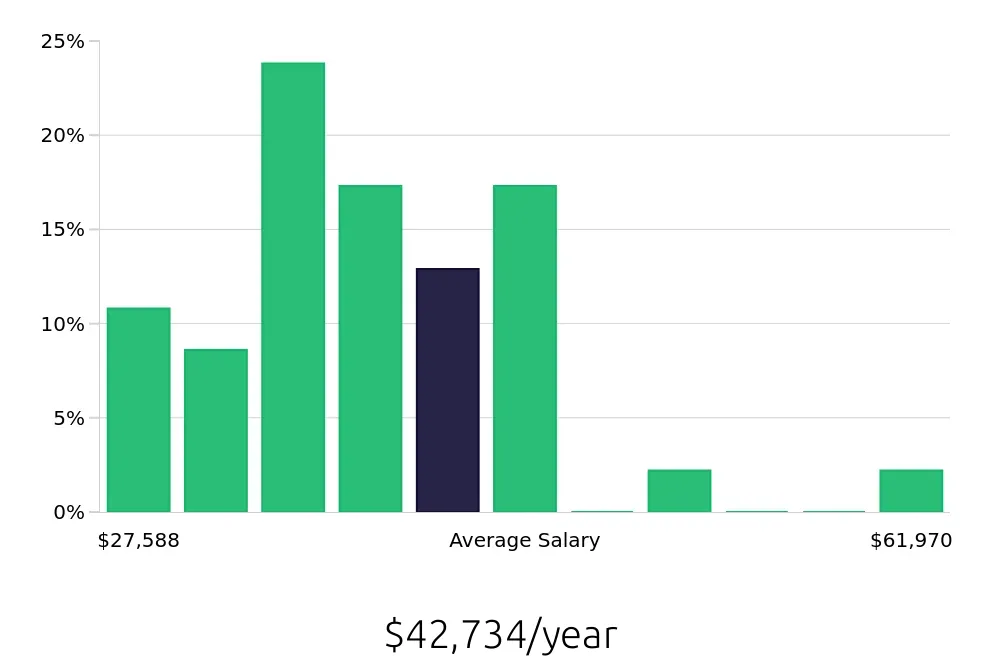 Graph depicting the yearly salary distribution for Packer jobs in Minneapolis, MN, showing an average salary of $42,734 with varying distribution percentages across salary ranges.