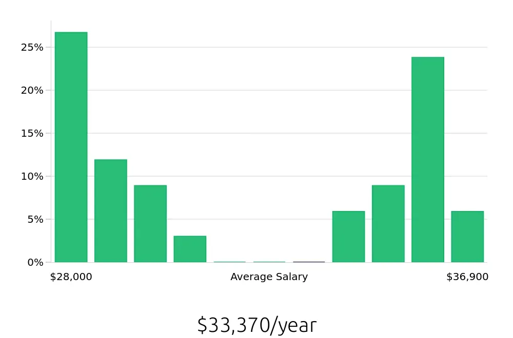 Graph depicting the yearly salary distribution for Packer jobs in Morristown, TN, showing an average salary of $33,370 with varying distribution percentages across salary ranges.