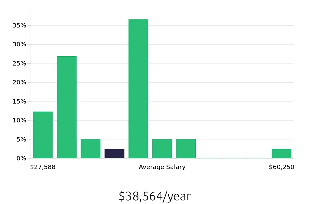 Graph depicting the yearly salary distribution for Packer jobs in Raleigh, NC, showing an average salary of $38,564 with varying distribution percentages across salary ranges.
