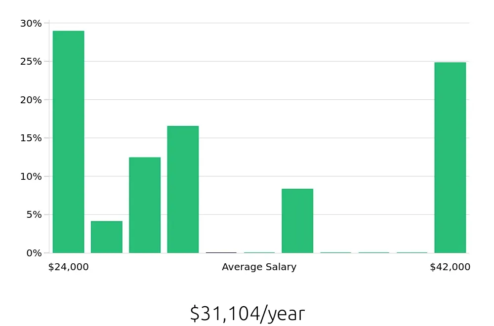 Graph depicting the yearly salary distribution for Packer jobs in Winston-Salem, NC, showing an average salary of $31,104 with varying distribution percentages across salary ranges.
