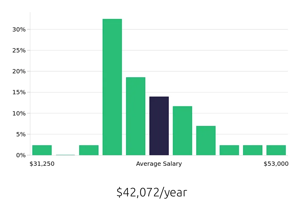 Graph depicting the yearly salary distribution for Painter jobs in Allentown, PA, showing an average salary of $42,072 with varying distribution percentages across salary ranges.