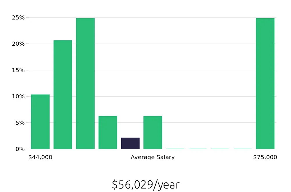 Graph depicting the yearly salary distribution for Painter jobs in Baytown, TX, showing an average salary of $56,029 with varying distribution percentages across salary ranges.