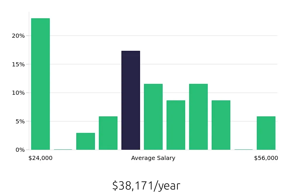 Graph depicting the yearly salary distribution for Painter jobs in Corpus Christi, TX, showing an average salary of $38,171 with varying distribution percentages across salary ranges.