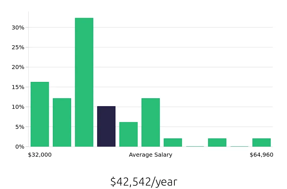 Graph depicting the yearly salary distribution for Painter jobs in New Orleans, LA, showing an average salary of $42,542 with varying distribution percentages across salary ranges.