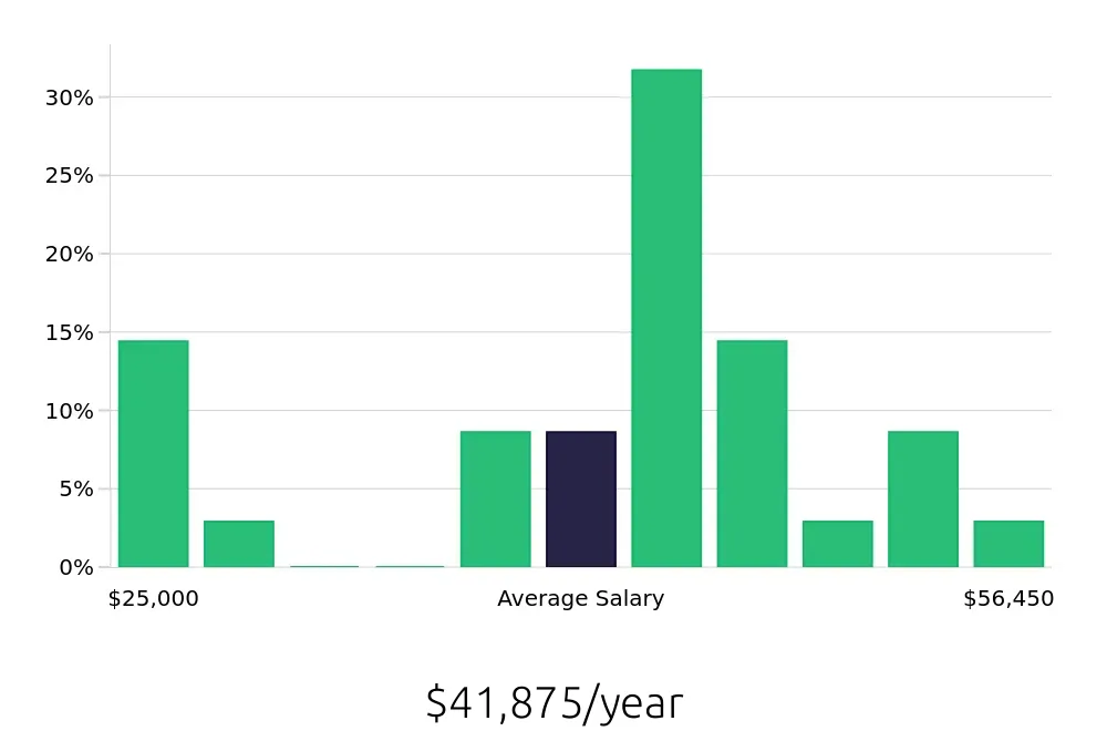 Graph depicting the yearly salary distribution for Painter jobs in Norman, OK, showing an average salary of $41,875 with varying distribution percentages across salary ranges.