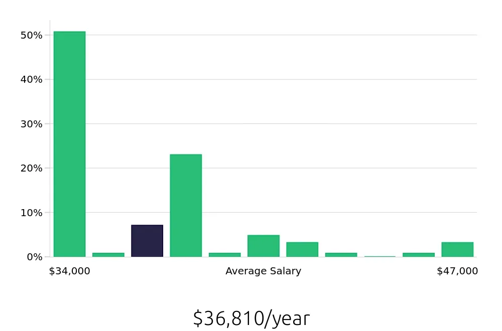 Graph depicting the yearly salary distribution for Painter jobs in Port Charlotte, FL, showing an average salary of $36,810 with varying distribution percentages across salary ranges.