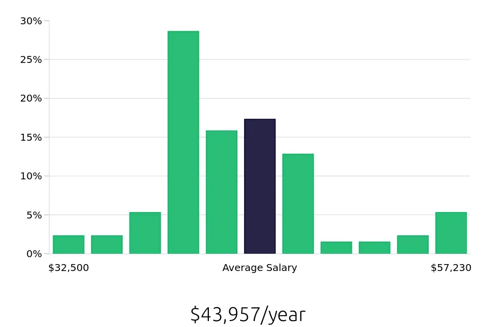 Graph depicting the yearly salary distribution for Painter jobs in Rochester, NY, showing an average salary of $43,957 with varying distribution percentages across salary ranges.