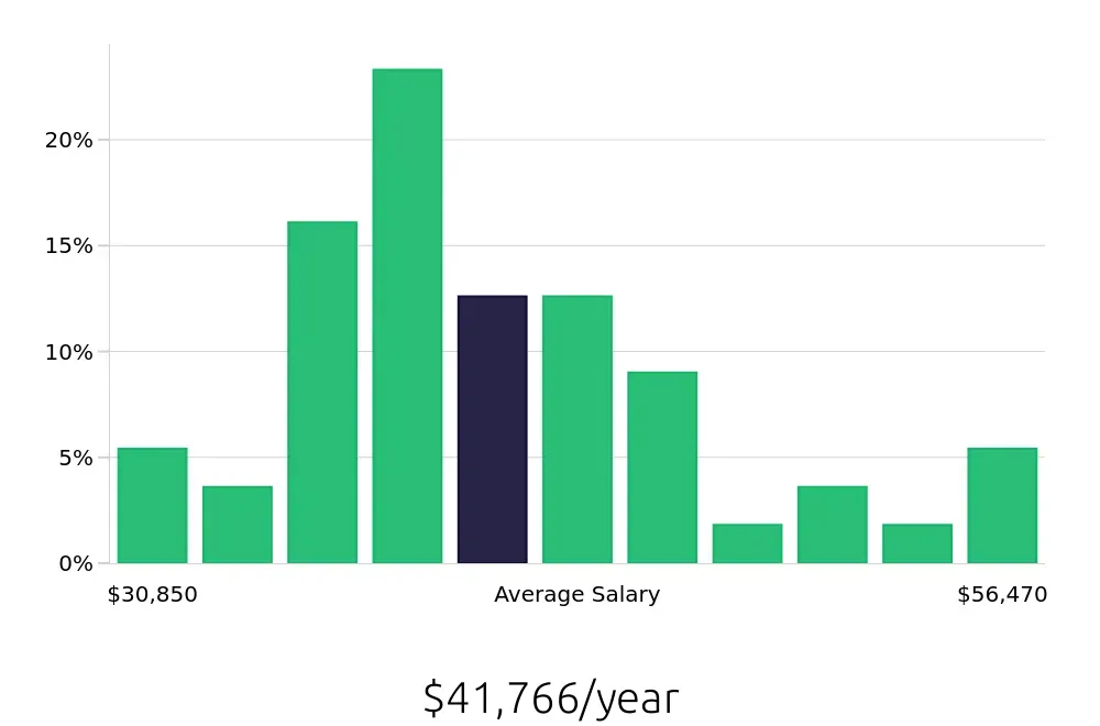 Graph depicting the yearly salary distribution for Painter jobs in Syracuse, NY, showing an average salary of $41,766 with varying distribution percentages across salary ranges.