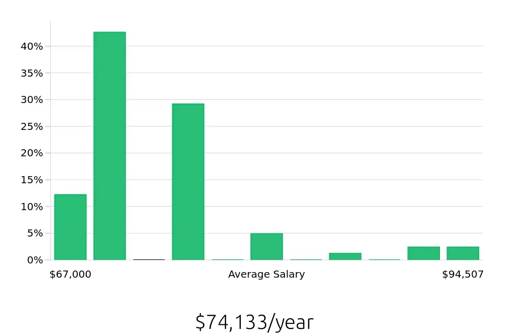 Graph depicting the yearly salary distribution for Paramedic jobs in Brooklyn, NY, showing an average salary of $74,133 with varying distribution percentages across salary ranges.