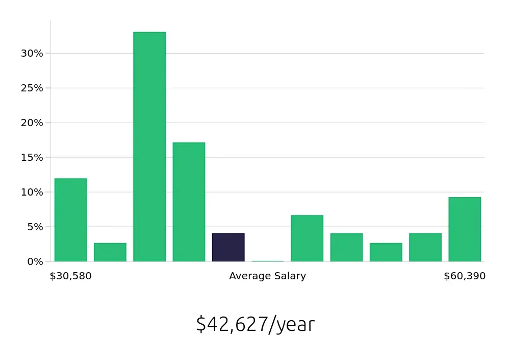Graph depicting the yearly salary distribution for Pharmacy Technician jobs in Rochester, MN, showing an average salary of $42,627 with varying distribution percentages across salary ranges.