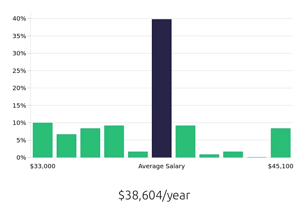 Graph depicting the yearly salary distribution for Preschool Teacher jobs in Brooklyn Park, MN, showing an average salary of $38,604 with varying distribution percentages across salary ranges.