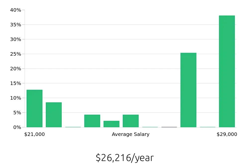 Graph depicting the yearly salary distribution for Preschool Teacher jobs in Greenwood, SC, showing an average salary of $26,216 with varying distribution percentages across salary ranges.