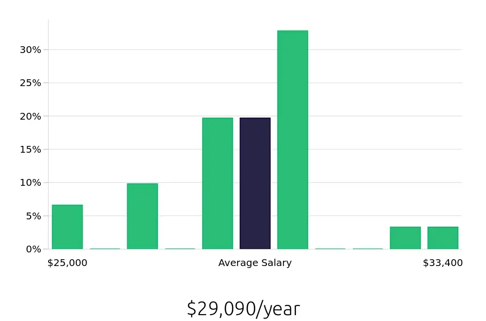 Graph depicting the yearly salary distribution for Preschool Teacher jobs in Howell, MI, showing an average salary of $29,090 with varying distribution percentages across salary ranges.
