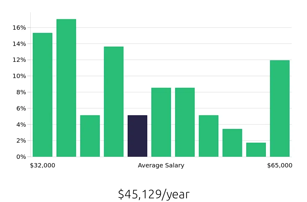 Graph depicting the yearly salary distribution for Property Manager jobs in Flint, MI, showing an average salary of $45,129 with varying distribution percentages across salary ranges.