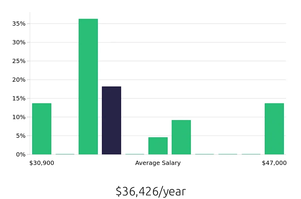 Graph depicting the yearly salary distribution for Public Safety Officer jobs in Irving, TX, showing an average salary of $36,426 with varying distribution percentages across salary ranges.