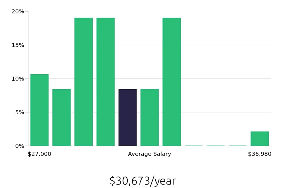Graph depicting the yearly salary distribution for Receptionist jobs in Branson, MO, showing an average salary of $30,673 with varying distribution percentages across salary ranges.