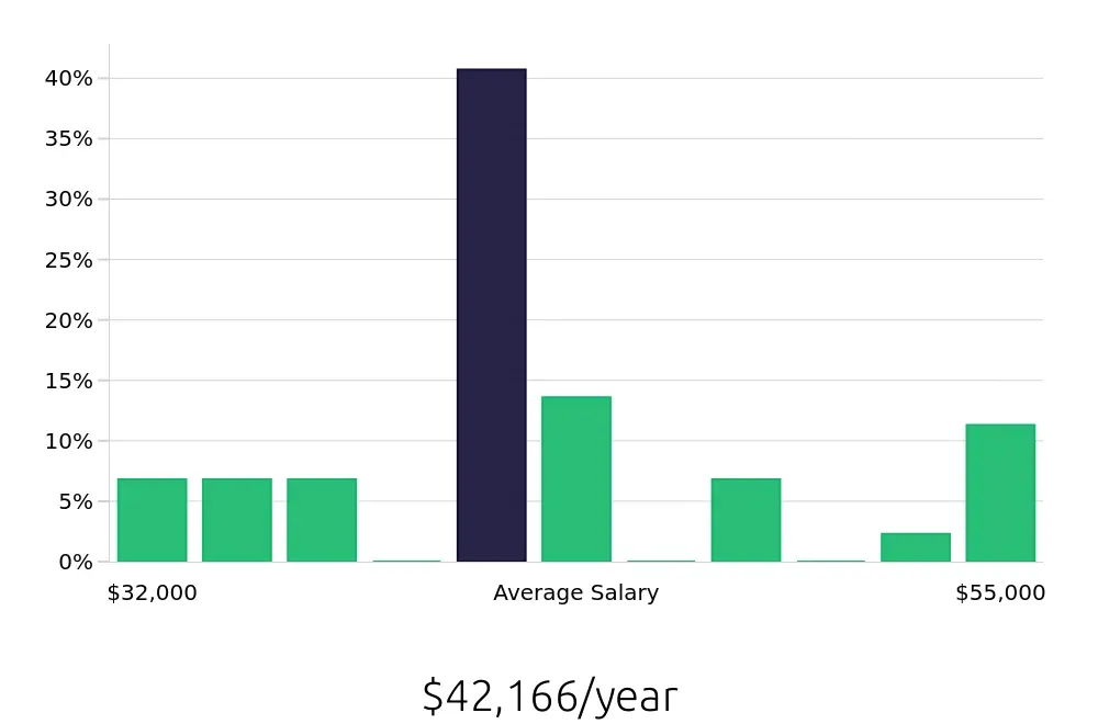 Graph depicting the yearly salary distribution for Registered Behavior Technician jobs in Bethlehem, PA, showing an average salary of $42,166 with varying distribution percentages across salary ranges.