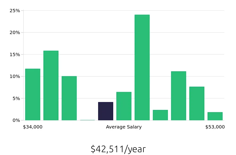 Graph depicting the yearly salary distribution for Registered Behavior Technician jobs in Detroit, MI, showing an average salary of $42,511 with varying distribution percentages across salary ranges.